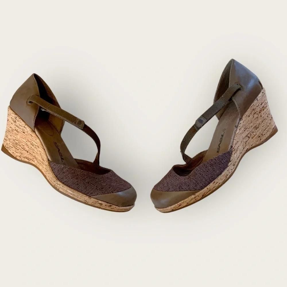 Teva Riviera Mary Jane Cork 3 inch High Heeled Closed Toe Brown Sandals Size 10 - Picture 4 of 10